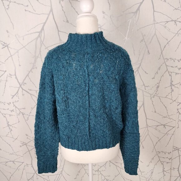 360 Sweater Emerald Blue Alpaca Wool Cable Knit Mockneck Sweater - Picture 4 of 7